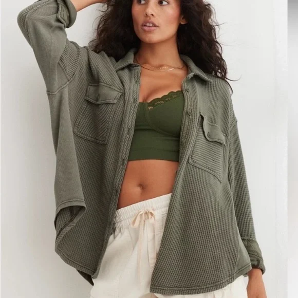AERIE GREEN LUMBER JANE WAFFLE BUTTON DOWN SHIRT MEDIUM - Picture 1 of 7